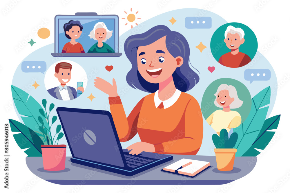 Laughing mature woman enjoy on-line talk with family living abroad using laptop and videoconference application look at screen share happy news lead conversation spend time at home Videocall event Laughing mature woman enjoy on-line talk with family living abroad using laptop and videoconference application look at screen share happy news lead conversation spend time at home Videocall event
