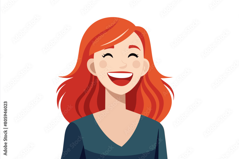 Happy millennial red-headed woman in casual shirt laughing look at camera posing on gray wall studio background having charming white-toothed smile advertising professional dental clinic services