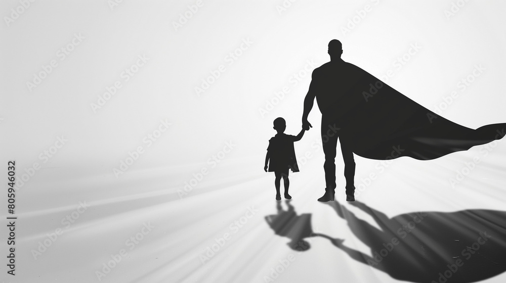 Silhouette of a father superhero holding a child's hand Silhouette of a father superhero holding a child's hand