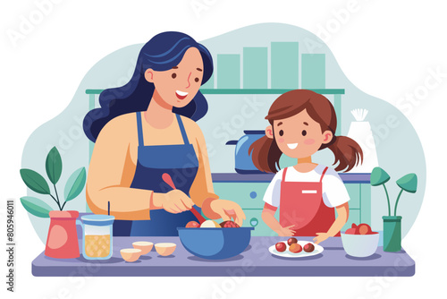 Intergenerational family middle-aged mother and grown-up daughter cooking at home young female swirls dough on finger fooling having fun while prepare homemade dessert for holiday in cozy kitchen