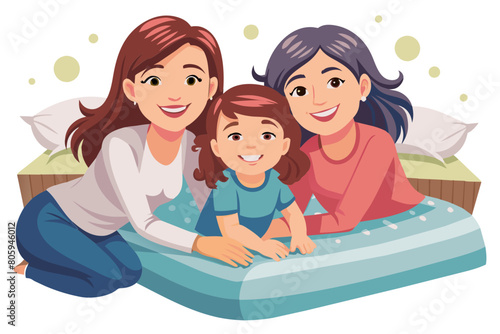 Portrait of happy older woman her young adult daughter and adorable preschooler girl smile look at camera posing lying together on bed in cozy mattress in bedroom spend free time on weekend at home