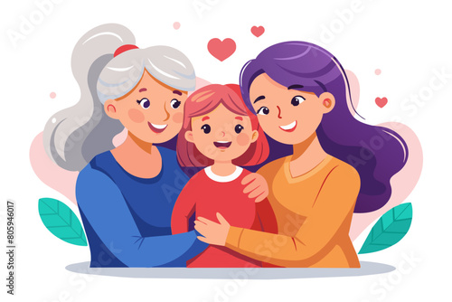 Happy three generational people hugging spend time together feeling unconditional love gives support express warmth and tenderness Cute kid girl hugging mother and older grandma on weekend at home