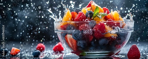 Colorful fruit salad exploding in a bowl.