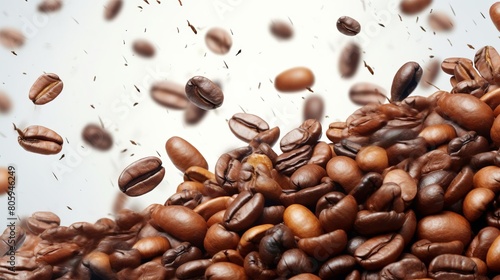 A pile of coffee beans with some of them scattered in the air