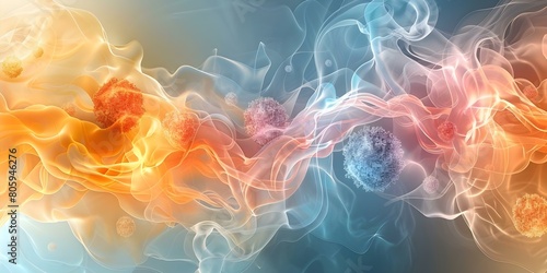 Colorful illustration showing cells swimming towards egg symbolizing journey of fertilization. Concept Fertilization Process, Reproductive Biology, Conceptual Illustration, Cell Movement photo
