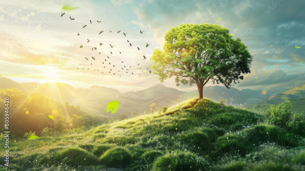Beautiful landscape depicting a lone tree on a grassy hill under a bright sun, with birds in flight. Beautiful landscape depicting a lone tree on a grassy hill under a bright sun, with birds in flight.