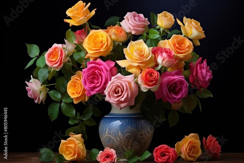 A vase of colorful roses sits on a table