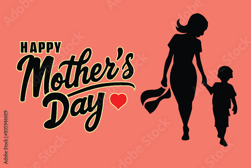 Mothers day post template with mom and child silhouette and Happy Mothers Day typography