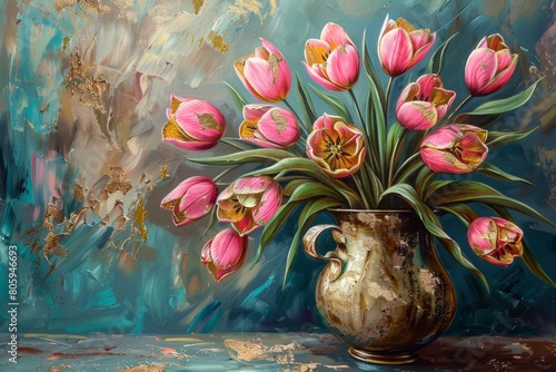 Bouquet of tulips in a vase in acrylic style #805946693