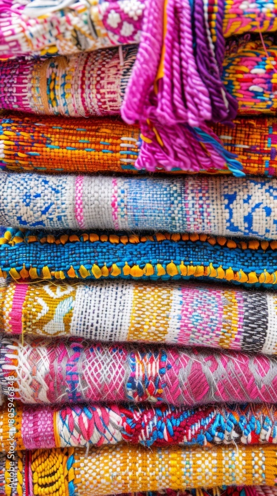 Close-up of a stack of colorful beach towels, emphasizing their different textures, patterns, and playful tassel Close-up of a stack of colorful beach towels, emphasizing their different textures, patterns, and playful tassel