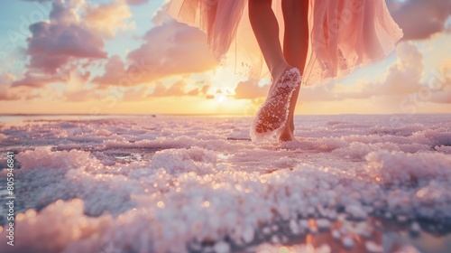 Beautiful young woman legs with pastel pink dress walking on beach sunset background. Generated AI photo