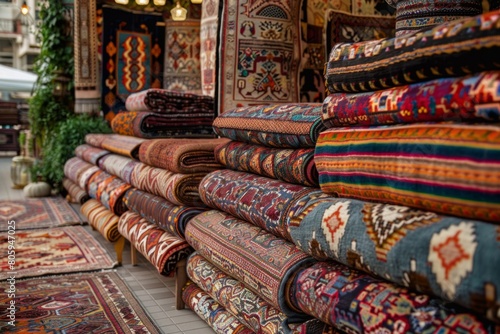 Assortment of colored carpets in a store