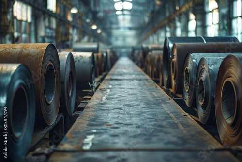 Rolls of steel sheet in the factory warehouse