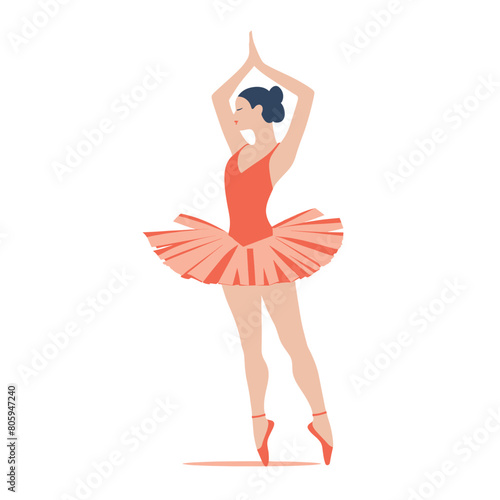 Female ballet dancer performing ballet pose, elegant ballerina coral tutu pointe shoes dancing, graceful dance move young woman. Ballerina practicing classical dance, performing arts representation