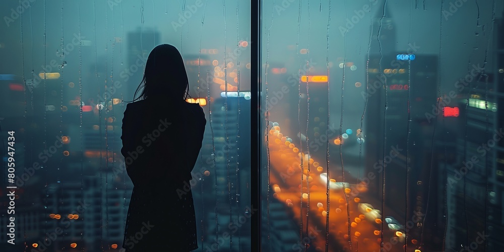 Silhouette of a woman standing by the window of a skyscraper taking in the view of the city in rain at dusk Silhouette of a woman standing by the window of a skyscraper taking in the view of the city in rain at dusk