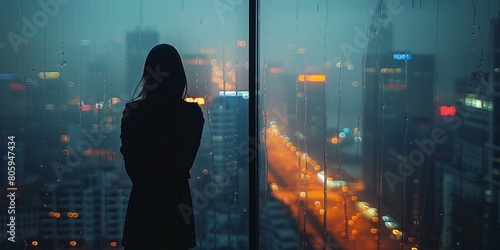 Silhouette of a woman standing by the window of a skyscraper taking in the view of the city in rain at dusk