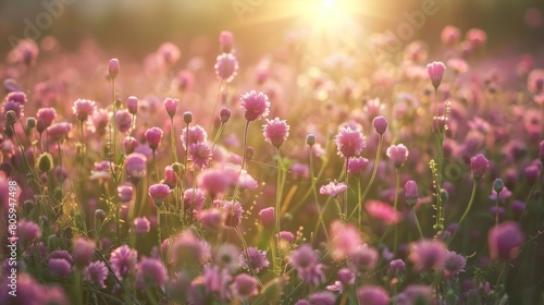 Beautiful scene of blooming pink meadow flowers field at summer sunrise. Generated AI image © is