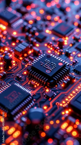 close up of a microchip circuit interior of a computer with neon lights in detail, circuit board.