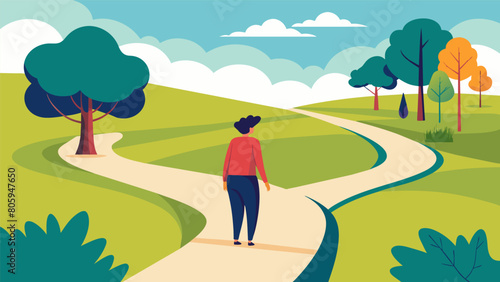 An individual walking slowly along a winding path through the park mindfully taking in their surroundings with each step.. Vector illustration