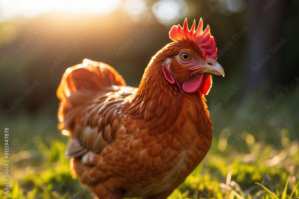 red chicken in a green pasture