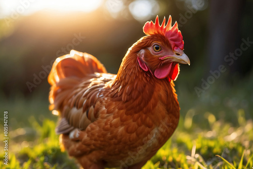 red chicken in a green pasture
