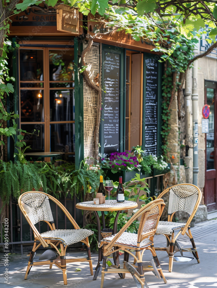 Fototapeta premium Street cafe terrace with wicker tables and chairs in the old small European town