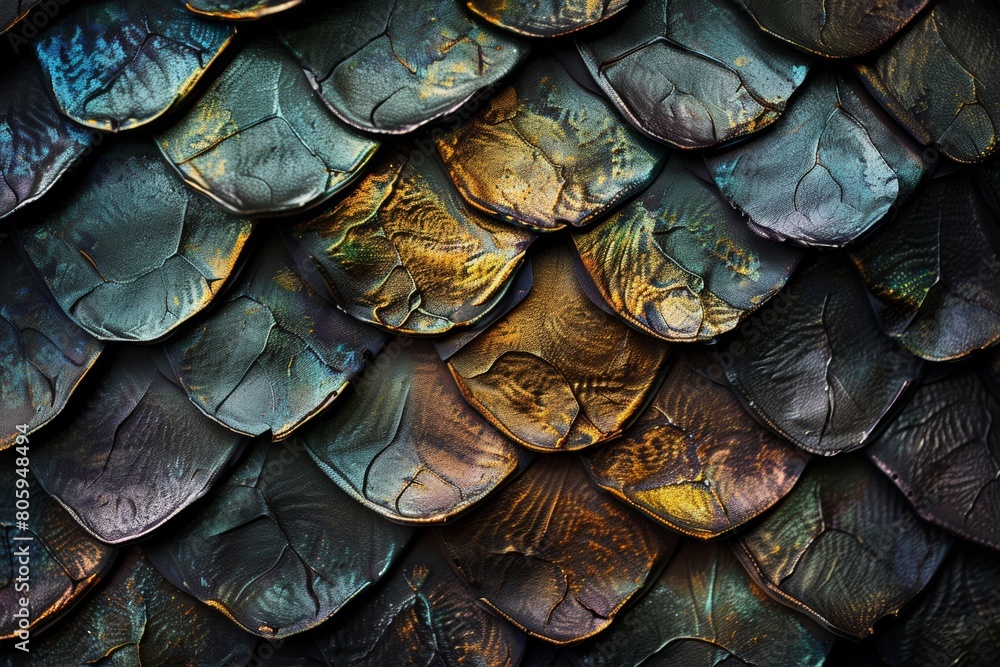 Dragon scales texture, metallic shimmers, overlapping and protective Dragon scales texture, metallic shimmers, overlapping and protective