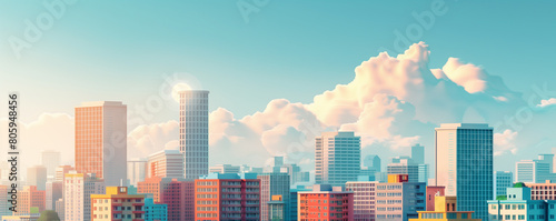 Illustrative depiction of a modern urban skyline  featuring high-rise buildings under a bright sky dotted with large  fluffy clouds.