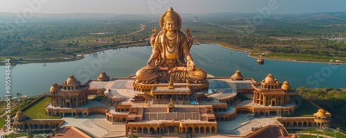 Aerial drone view of the gigantic statue of Hindu goddess Durga Maa Bhavani with golden lion overlooking the entrance of the holy site, Grand Bassin, Savanne photo