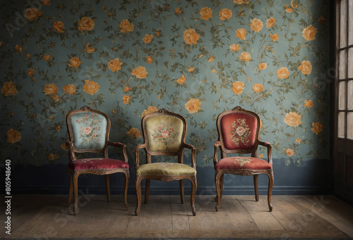 three chairs in a room old style with wallpaper vinatge photo