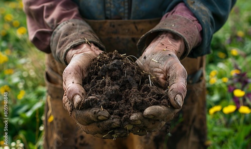 An old man's hands hold manure used to fertilize grasses year-round on his farm photo