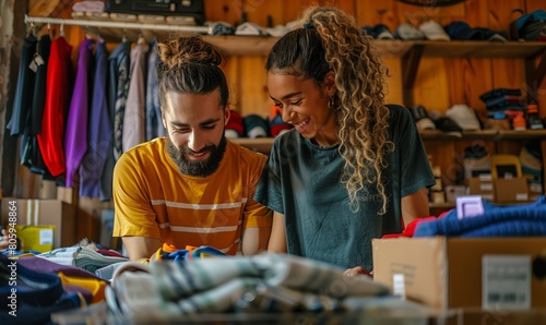 Couple preparing the shipment of clothes from their online store