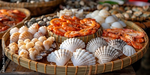 Assortment of shell seafood placed in a bamboo woven plate