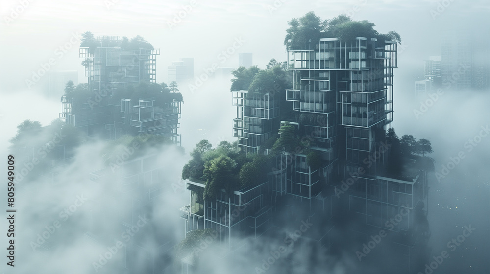 Modern eco-friendly skyscrapers rise from the mist, their green terraces blending seamlessly with the natural surroundings in a futuristic cityscape. Modern eco-friendly skyscrapers rise from the mist, their green terraces blending seamlessly with the natural surroundings in a futuristic cityscape.