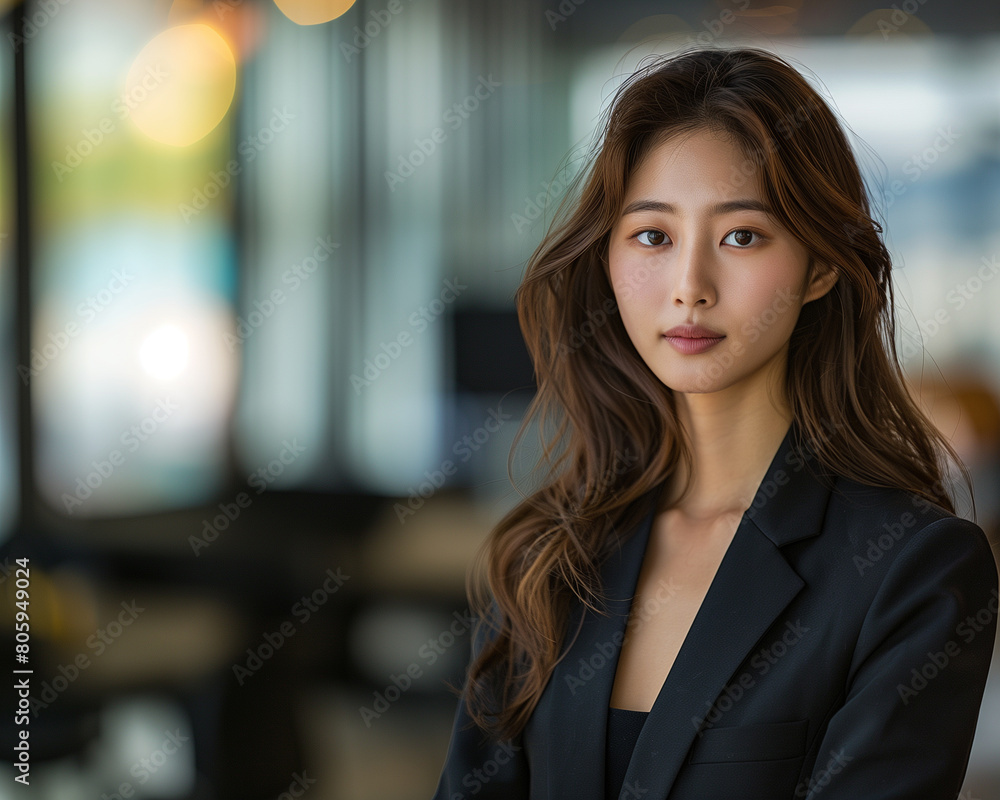 Exuding confidence, a stunning young Asian female CEO poses in an elegant portrait, dressed in a sleek black suit against a backdrop of a spacious and stylish office environment. Exuding confidence, a stunning young Asian female CEO poses in an elegant portrait, dressed in a sleek black suit against a backdrop of a spacious and stylish office environment.