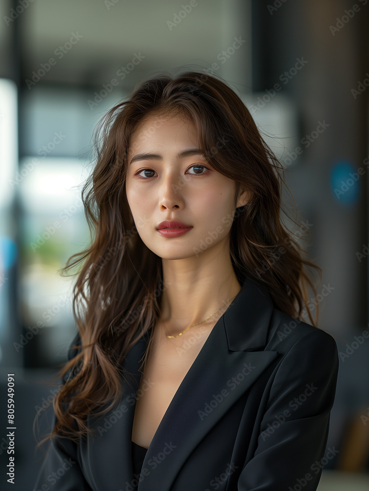 A business portrait captures the professionalism of a stunning young Asian female CEO, elegantly attired in a black suit within a spacious and stylish office setting. A business portrait captures the professionalism of a stunning young Asian female CEO, elegantly attired in a black suit within a spacious and stylish office setting.