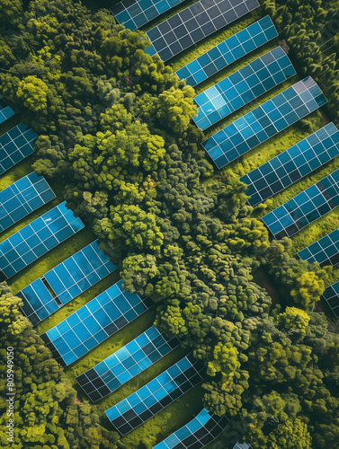 Solar panels farm in a field. Renewable green energy. Sunny landscape, electric energy generator for clean energy producing concept