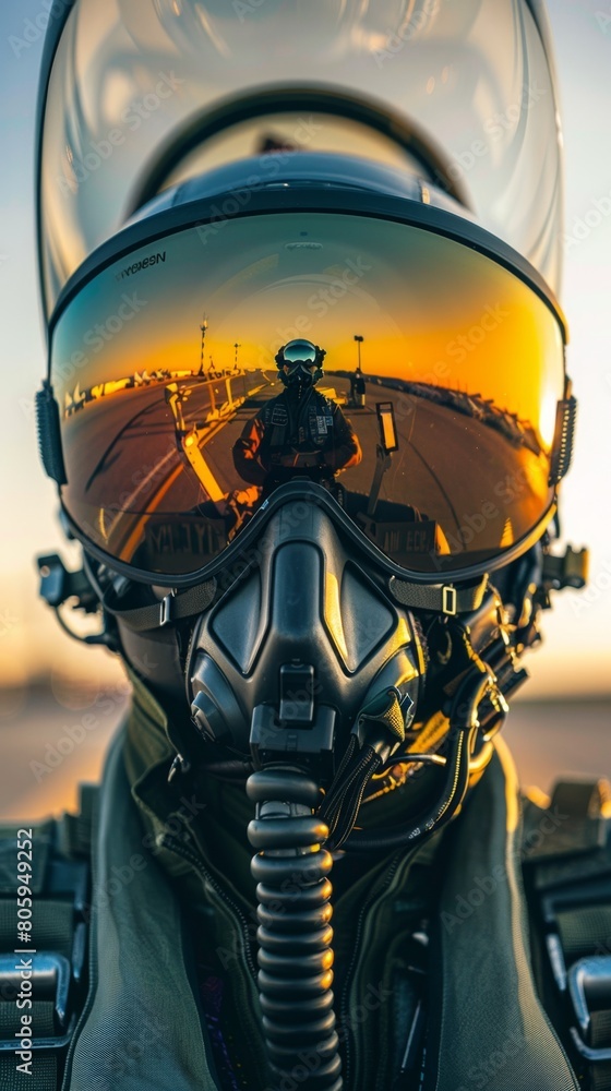 Fototapeta premium F-16 reflected in the mirrored sunglasses of a pilot standing on the tarmac
