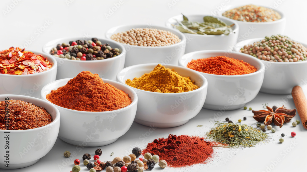 assorted spices in minimalistic white ceramic bowls assorted spices in minimalistic white ceramic bowls