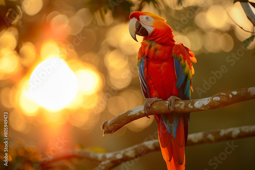 red and blue macow parrot bird on the branch of tree on sunset background photo