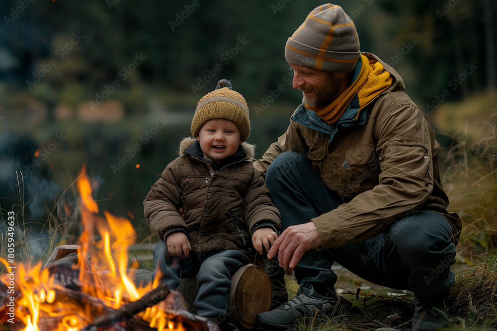 Father and son enjoy the view by campfire near the lake at sunset Father and son enjoy the view by campfire near the lake at sunset