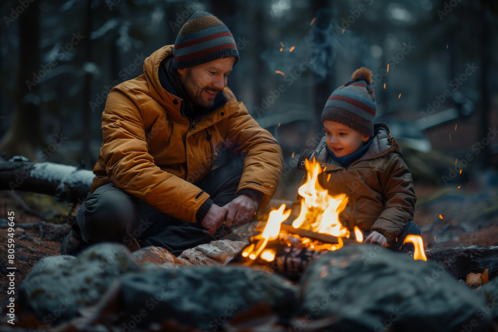 Father and son enjoy the view by campfire near the lake at sunset Father and son enjoy the view by campfire near the lake at sunset