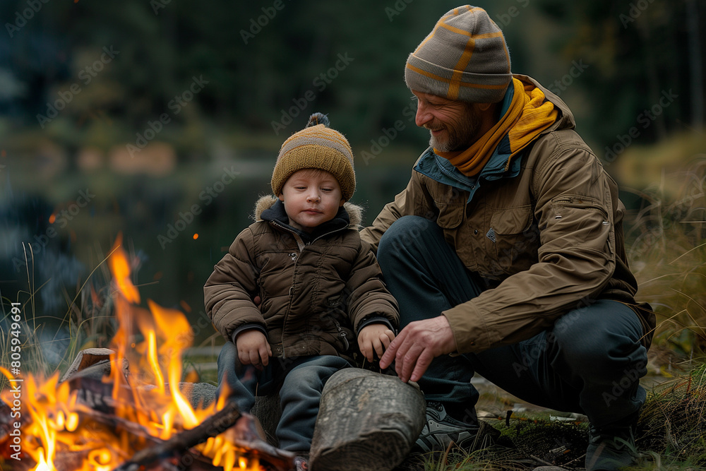 Father and son enjoy the view by campfire near the lake at sunset Father and son enjoy the view by campfire near the lake at sunset