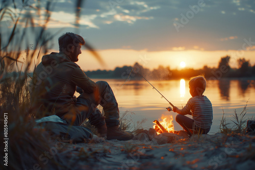 Father and son near campfire enjoy the view while fishing by lake at sunset