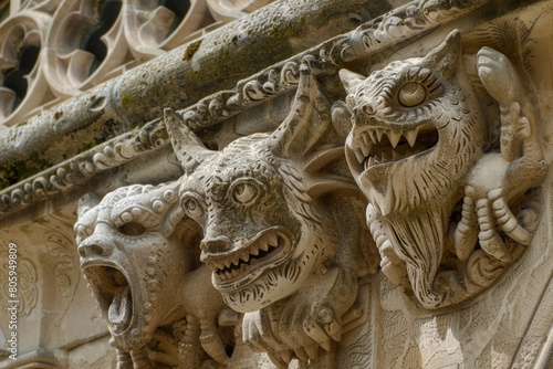 Gargoyles and intricate stonework of an old building  close-up emphasizing their unique forms