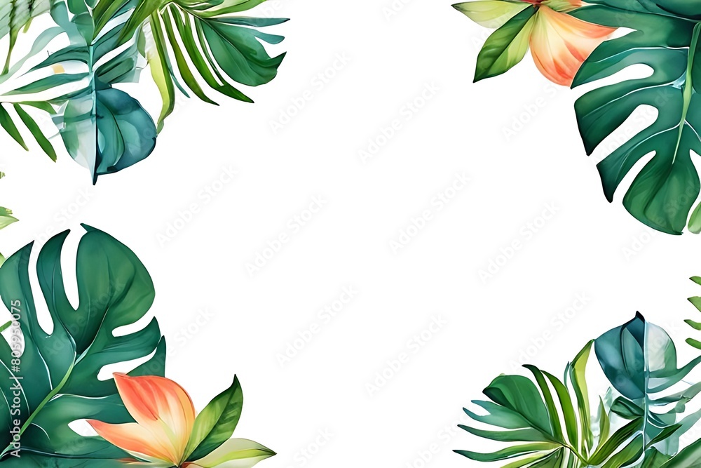 Beautiful colorful photo frame of tropical flowers and leaves on a white background.