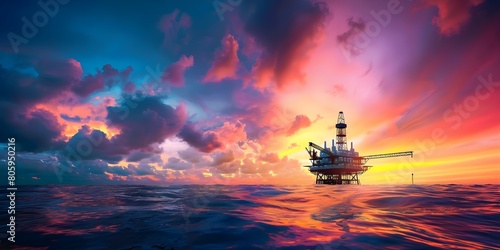 Oil Rig Drilling for Gas and Petroleum in Offshore Waters. Concept Offshore Oil Drilling, Gas Exploration, Petroleum Extraction, Offshore Platforms, Deepwater Operations photo