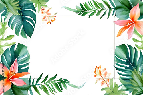 Square frame decorated with colorful flowers and green leaves on a white background. photo