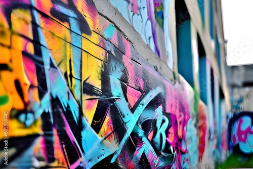 Abstract, vibrant background featuring geometric, textured acrylic or oil shapes. expressive graffiti wall texture and brushstrokes on an artistic banner Versatile Urban Wall Art: Vibrant Graffiti Sce photo