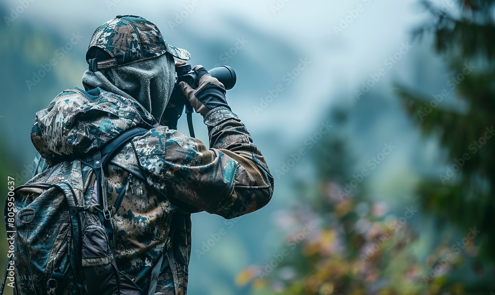 A man in full camouflage stands looking through binoculars while bowhunting in the backcountry